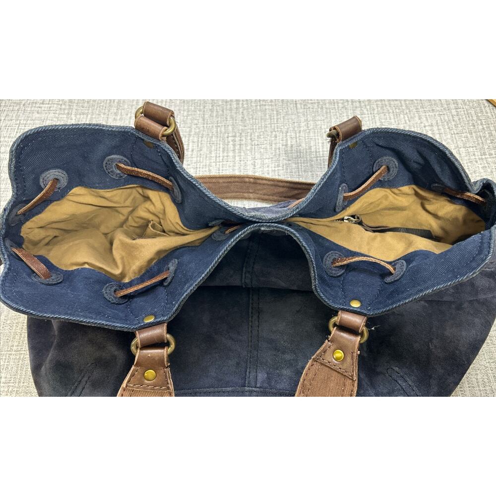 Lucky Brand Navy Blue Suede Hobo Tote Bag Drawstring Leather Double Handles Boho - Picture 7 of 10
